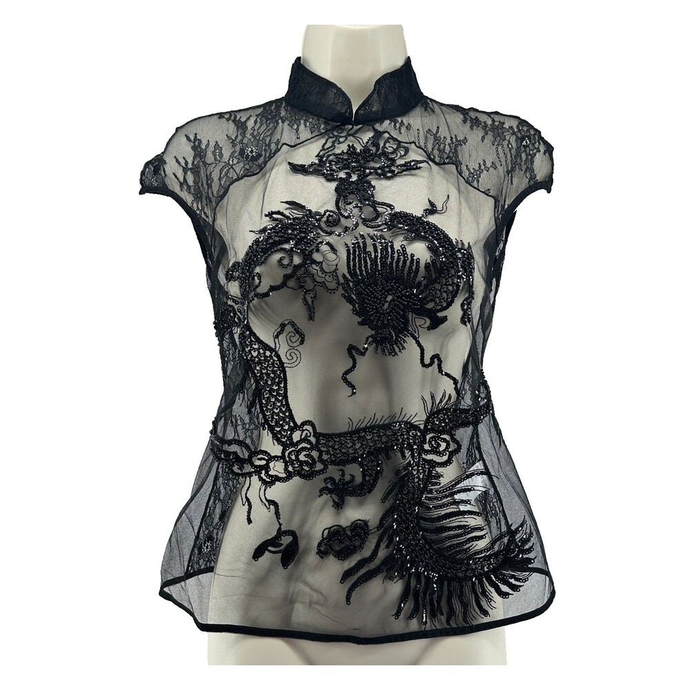 Kim Shui Beaded Dragon Lace Top Size M Black Sheer Mesh Y2K Style Open Back Tie - Picture 5 of 16